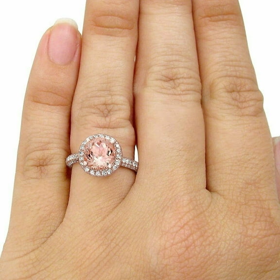 HeartsAndYou Round Cut Natural Morganite & Moissanite Accent Halo Ring 14k SOLID Rose Gold