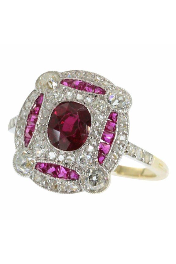 Round Cut Natural Ruby Moissanite Estate Art Deco Ring 14k SOLID Yellow Gold