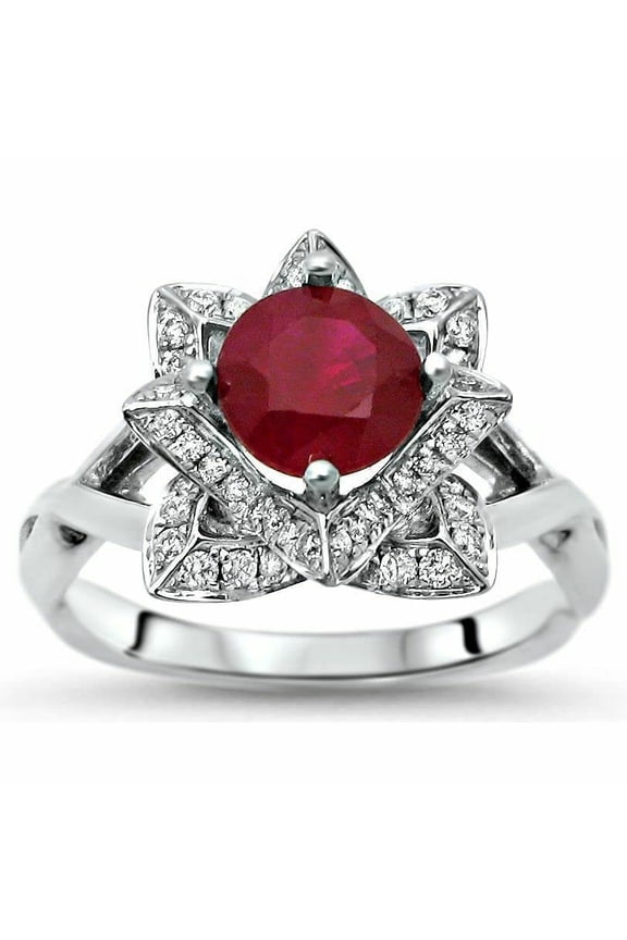 Round Natural Ruby Moissanite Trendy Floral Cocktail Ring 14k SOLID White Gold