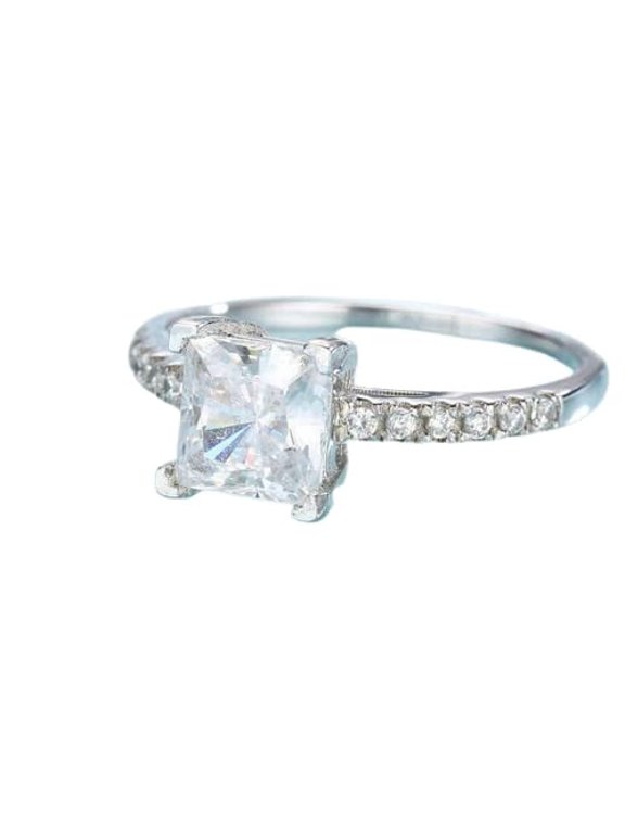 Solitaire with Accent Engagement Ring for Women 1.5ct Princess Moissanite 18k White Gold Over Silver