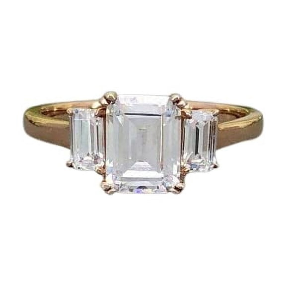 HeartsAndYou Three Stone Solitaire Engagement Ring for Women 2ct Emerald Cut Moissanite 18k Rose Gold over Silver