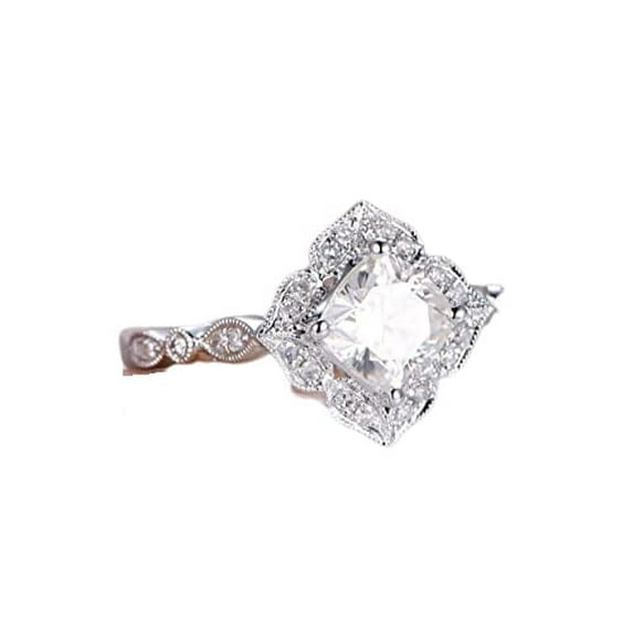 HeartsAndYou Vintage Inspired Floral Engagement Ring for Women 1.6ct Cushion Cut Moissanite 18k White Gold Over Silver