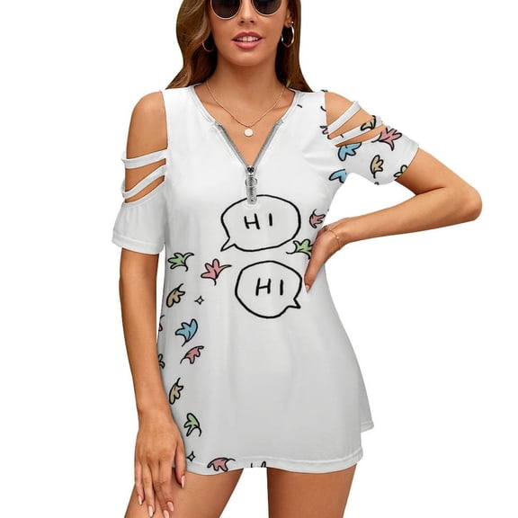 Heartstopper Greeting Womens Summer V Neck Zipper Top Short Sleeve T Shirt Off Shoulder Top Casual Classy Loose Shirts