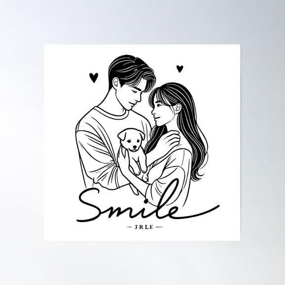 Heartwarming Line Art: Couple Holding Puppy Poster Wall Art, Modern Wall Decor, 16x16 UNFRAMED