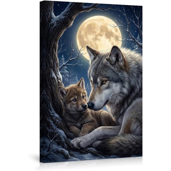 Heartwarming Wolf Family Wall Art Poster Moonlit Winter Scene Decor Majestic Wildlife Print for Bedroom Living Room Nature Inspired Home Decor Gift--