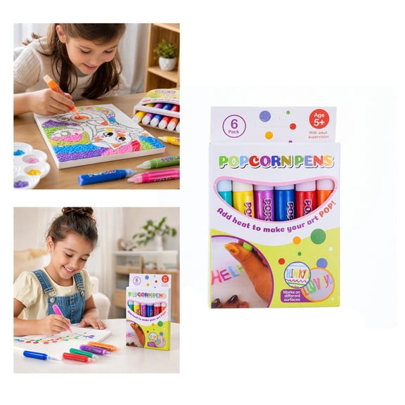 Heat Activated 3D Puffy Drawing Popcorn Pens, 6 Vibrant Color Bubble Puffy Markers, Expandable Textured Art Pens, Creative Craft Gift for Children Ages 5 and Up