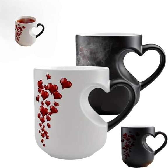 Heat Activated Heart Magic Mug, Color Changing Ceramic Coffee Cup with Heart-Shaped Handle, Romantic Gift for Valentine's Day, Anniversary & Mother's Day