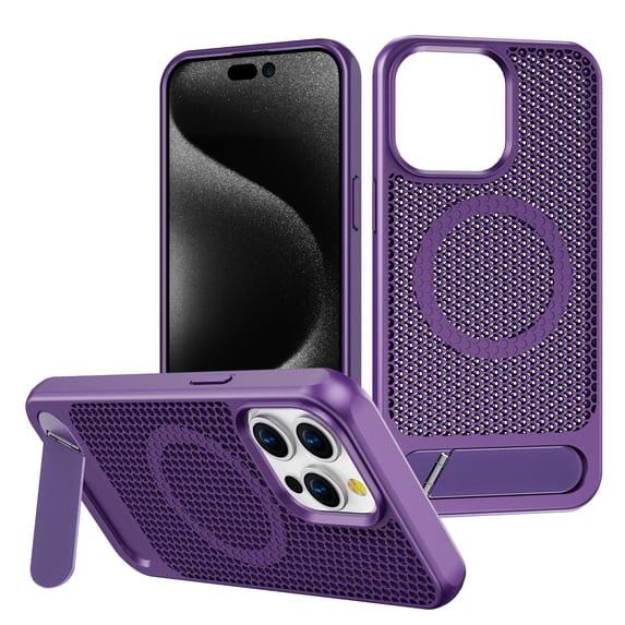 Heat Dissipation Breathable Cooling Phone Case with Stand for iPhone 15 Plus/14 Plus, Ultra Thin Ultra Lightweight Resistant Stereo Mesh Design for Magsafe for iPhone 15 Plus/14 Plus, Darkpurple