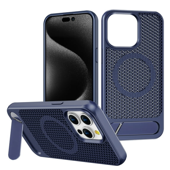 Heat Dissipation Breathable Cooling Phone Case with Stand for iPhone 15 Pro, Ultra Thin Ultra Lightweight Resistant Stereo Mesh Design Compatible with Magsafe for iPhone 15 Pro, Navyblue