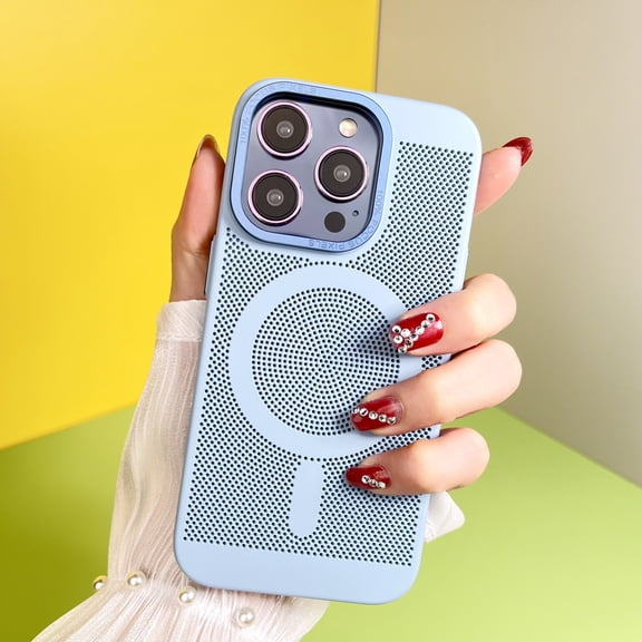 Heat Dissipation Steel Mesh Magnetic Attraction Case Cover for iPhone 14 Pro, Luxury Ultra Slim Cooling Breathable Mesh Wireless Charging Phone Case for iPhone 14 Pro, Blue