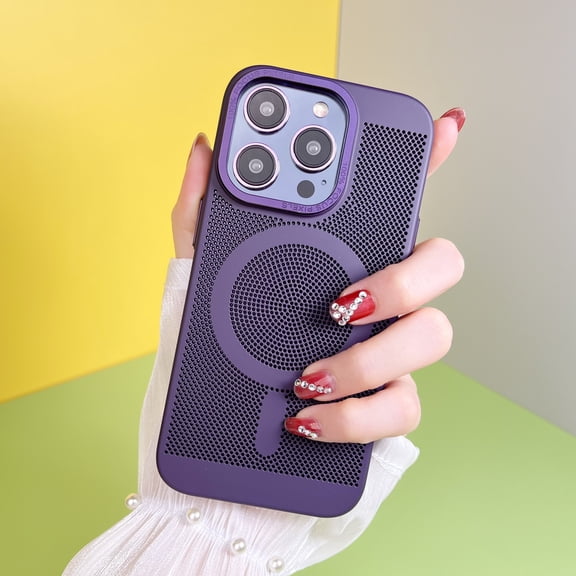 Heat Dissipation Steel Mesh Magnetic Attraction Case Cover for iPhone 15 Pro Max, Luxury Ultra Slim Cooling Breathable Mesh Wireless Charging Phone Case for iPhone 15 Pro Max, Darkpurple
