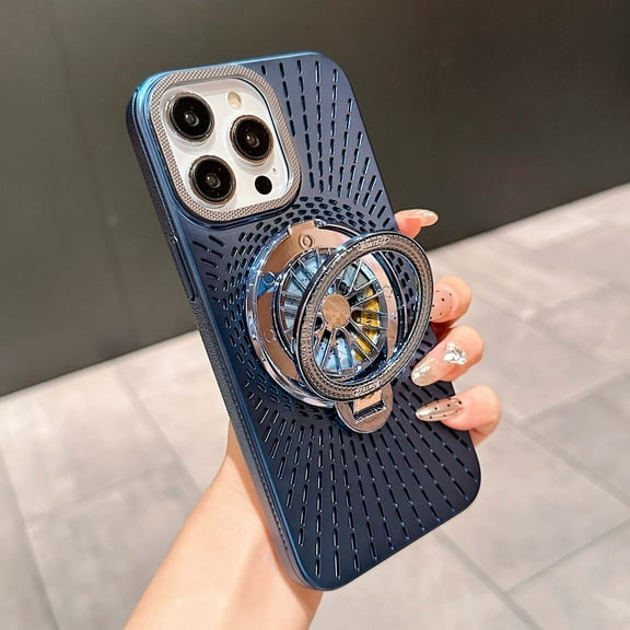 Heat Dissipation iPhone Case,Ring Holder,Breathable Cooling Hollow Hole Heat Dissipation Case Protection Electroplate PC Shockproof Rugged Phone Case,Compatible with iPhone 14,Navyblue