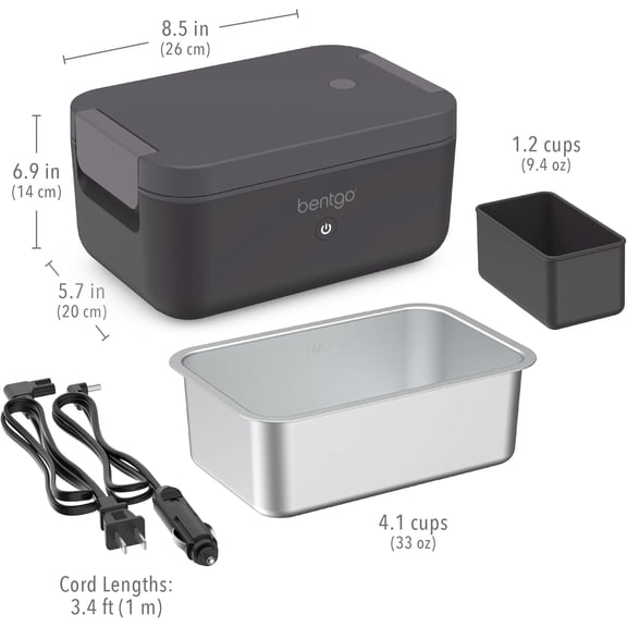 Heat - Electric Lunch Box - Portable Food Warmer for Adults, Heated Lunch Box for Work, Travel, School & On the Go, Plug Into Wall or Car, Ideal for Ages 14+, 12V/24V & 120V Cords (Obsidian)
