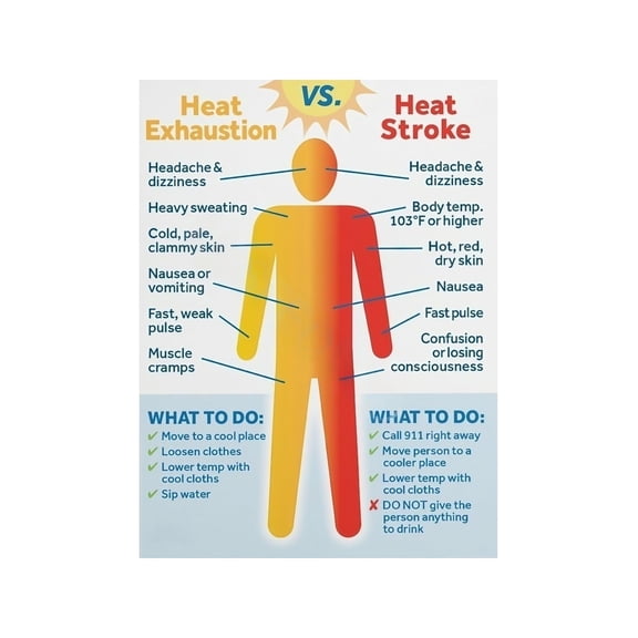 Heat Exhaustion vs Heat Stroke First Aid Poster What to Do Educational Reference Chart Clinic Office Wall Art
