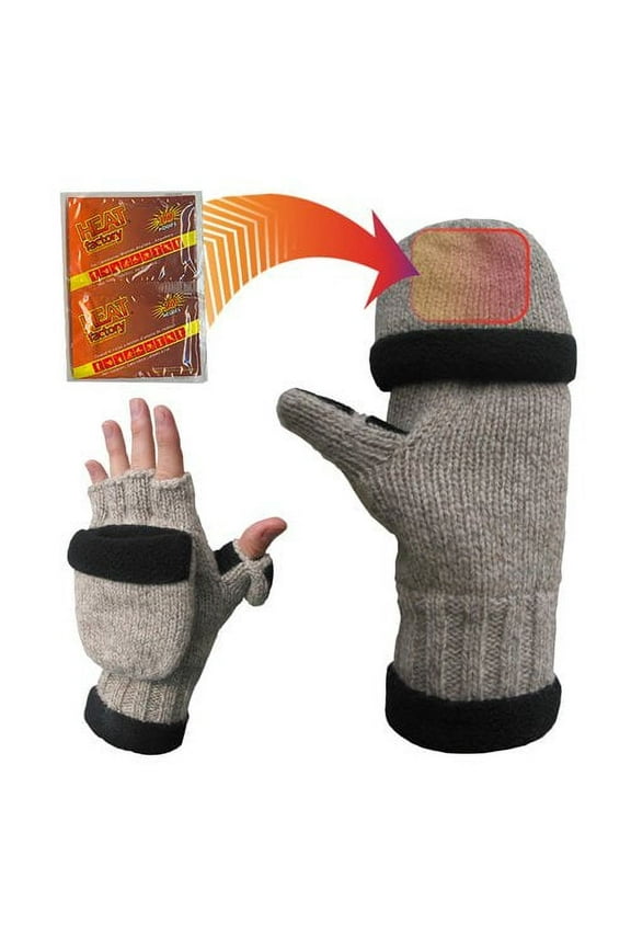 Fleecelined Ragg Wool Gloves With Foldback Finger Caps And Hand Heat Warmer Pockets, Womens