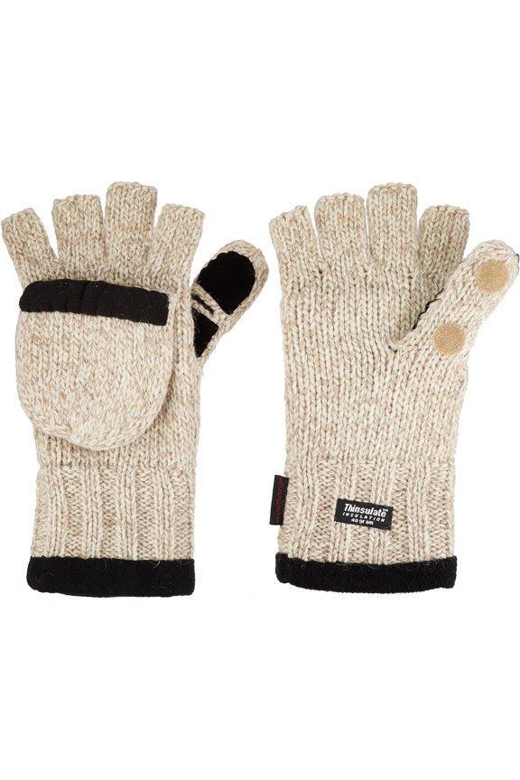 Fleece-Lined Ragg Wool Gloves with Fold-Back Finger Caps and Hand Heat Warmer Pockets, Women's One Size