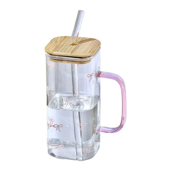 Heat Glass Cup with Straw 400Ml Suitable for Cold Drinks Juice Milk Including Lid Glass Texture Suitable for Various Beverages Home Decor Happy Day!