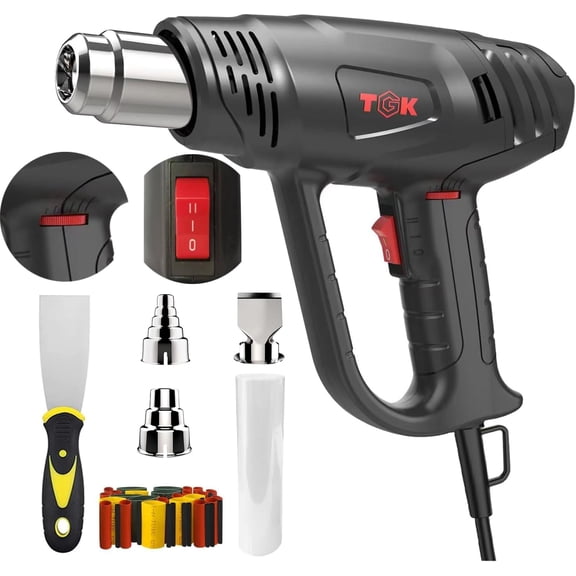 Heat Gun,  1800W Heavy Duty Hot Air Gun Kit 122~1202 Dual Temperature Settings with 3 Nozzle Attachments Overload Protection for Crafts, Shrink Wrapping/Tubing, Paint Removing, Epoxy Resin