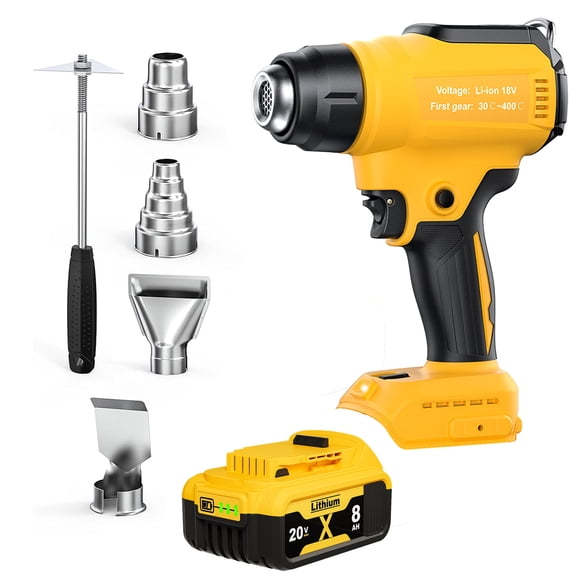 Heat Gun Cordless with 8.0Ah Battery 20V , 350W,Fast Heating Soldering Hot Air Gun 122℉-1022℉ Variable Temperature Control LED Light, with 4pcs Nozzles&Scraper for Crafts, ,Shrink Wrap(with Battery）