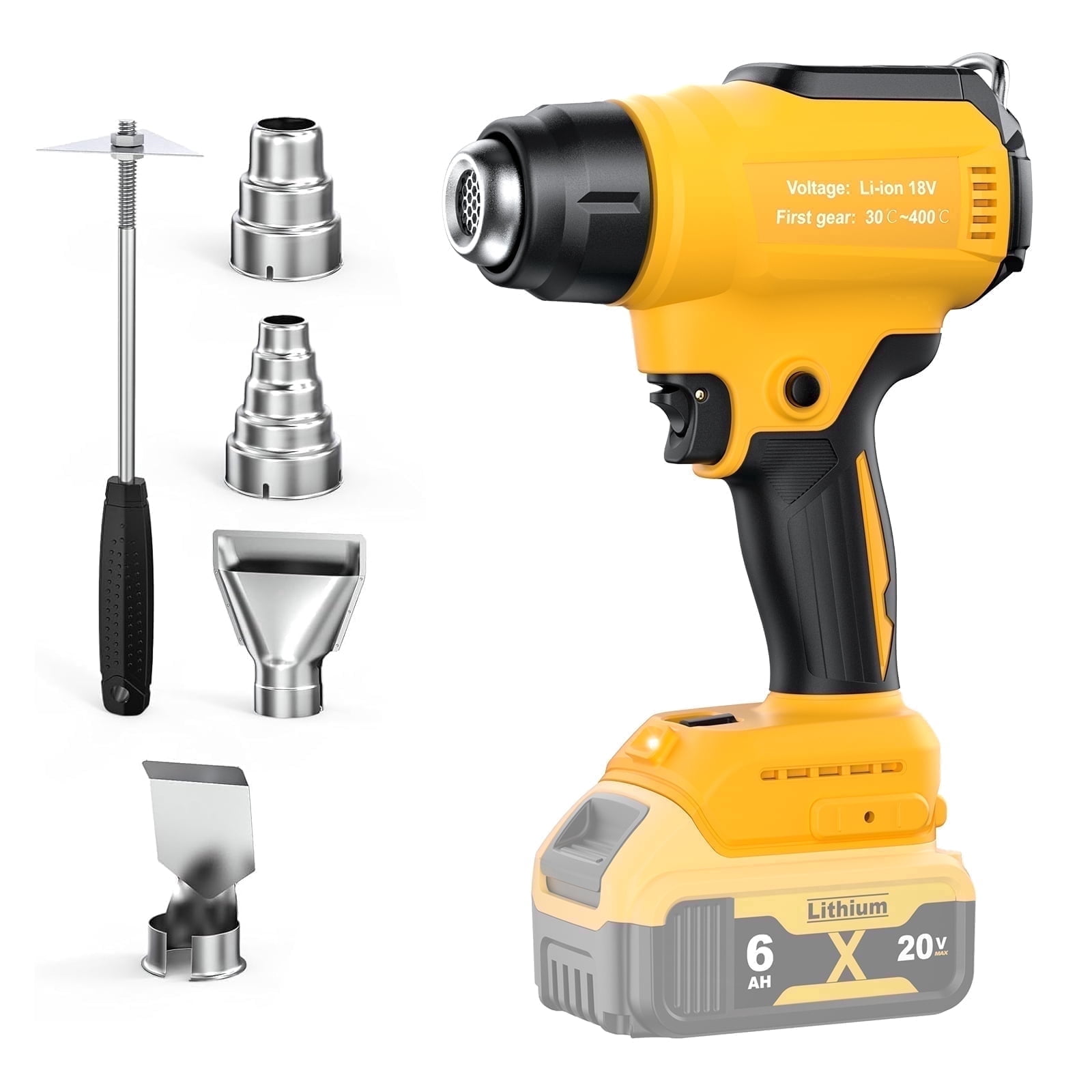 Heat Gun Cordless for Dewalt 20V Battery, 350W,Fast Heating Soldering Hot Air Gun 122℉-1022℉ Variable Temperature Control LED Light, with 4pcs Nozzles&Scraper for Crafts, ,Shrink Wrap(NO battery）