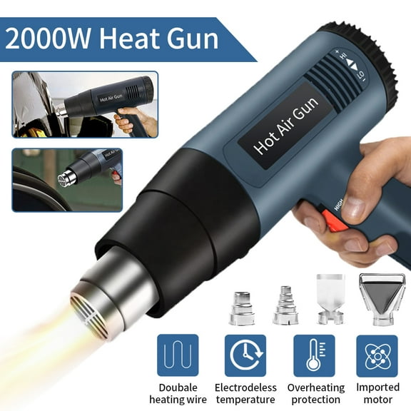 Heat Gun Dual Temperature Settings, 2000W Hot Air Gun with 4 Metal Nozzle Attachments for Shrink Wrapping/Tubing