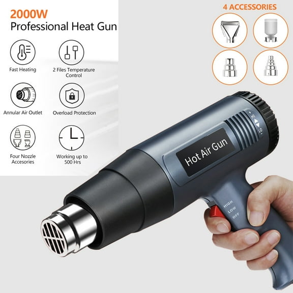 Heat Gun Dual Temperature Settings,2000W Hot Air Gun with 4 Metal Nozzle Attachments for Shrink Wrapping/Tubing