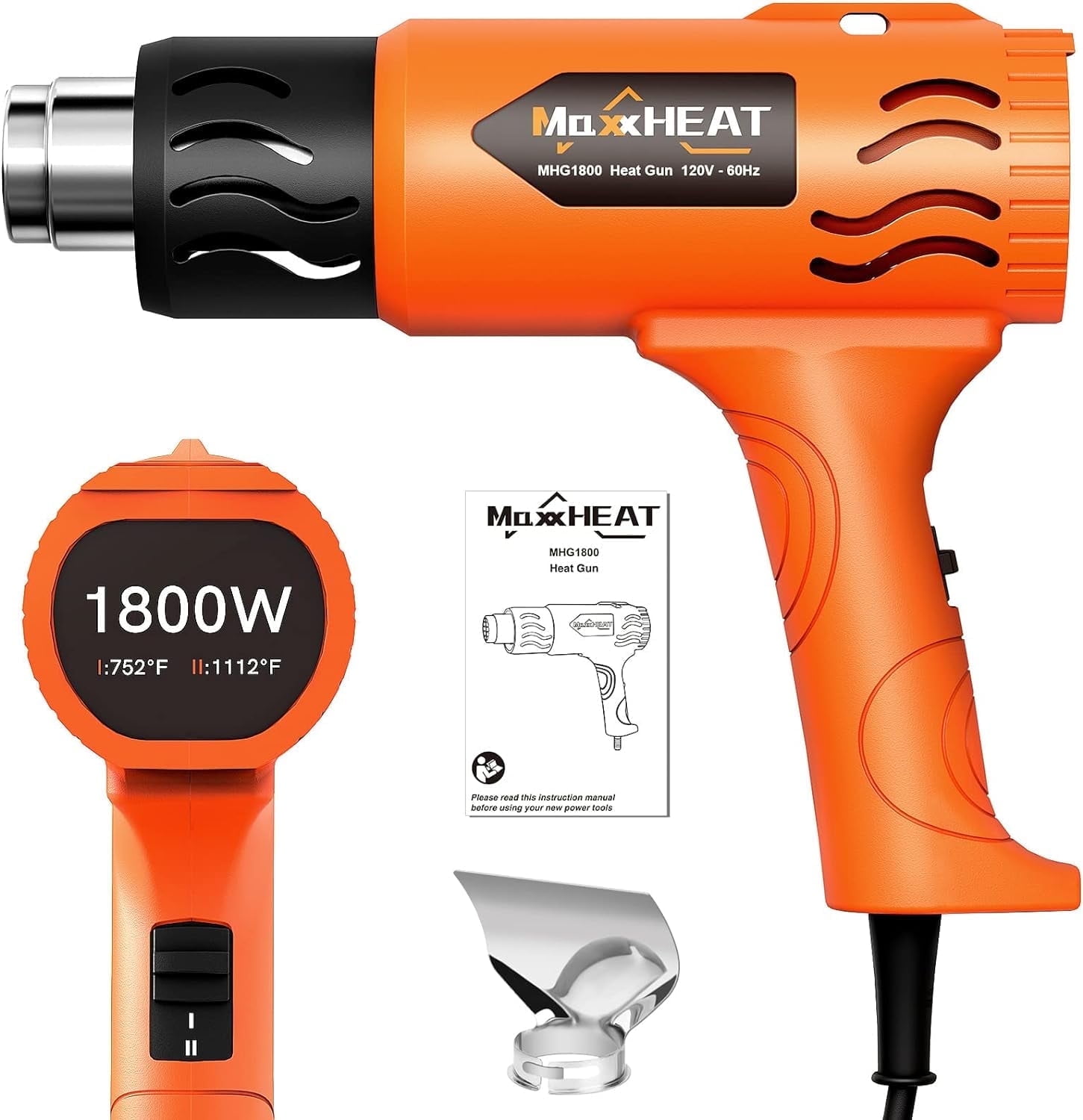 Heat Gun, MAXXHEAT 1800W Fast Heat Gun for Crafts with Dual Temperature Settings 572?&1112?, Dual Overload Protection, Reflector Nozzle for Shrinking PVC, Vinyl Wrap, Stripping Paint