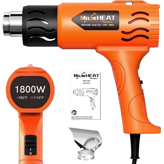 Heat Gun, MAXXHEAT 1800W Fast Heat Gun for Crafts with Dual Temperature Settings 572?&1112?, Dual Overload Protection, Reflector Nozzle for Shrinking PVC, Vinyl Wrap, Stripping Paint