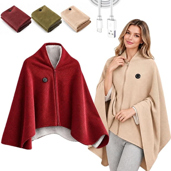 Heat Hug Poncho, Zip-Up Heated Blanket Cape with 3 Heat Settings, USB Powered Wearable Shawl Wrap for Women Home Office Travel