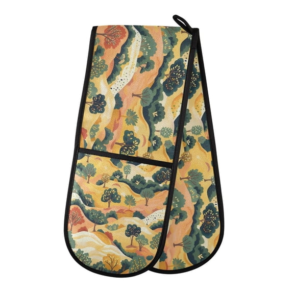 Heat-Insulating Gloves Two-Way Gloves Double Mitt Oven Mitts Suitable for Kitchen Ovens and Microwave Ovens Cartoon Mountain Trees