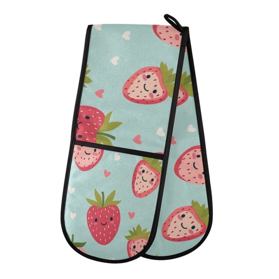 Heat-Insulating Gloves Two-Way Gloves Double Mitt Oven Mitts Suitable for Kitchen Ovens and Microwave Ovens Cute Cartoon Smiling Strawberry