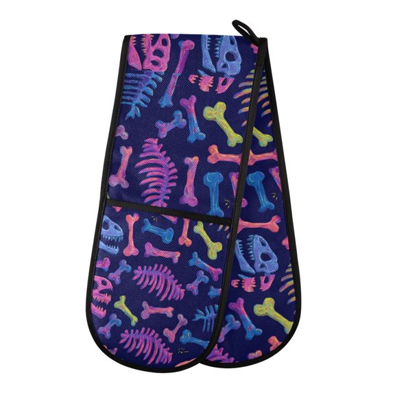 Heat-Insulating Gloves Two-Way Gloves Double Mitt Oven Mitts Suitable for Kitchen Ovens and Microwave Ovens Dinosaur Bones