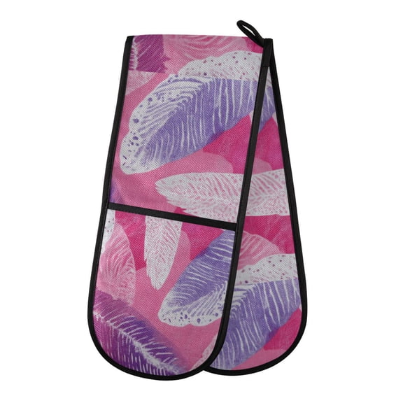 Heat-Insulating Gloves Two-Way Gloves Double Mitt Oven Mitts Suitable for Kitchen Ovens and Microwave Ovens Pink Feather Block Print Art