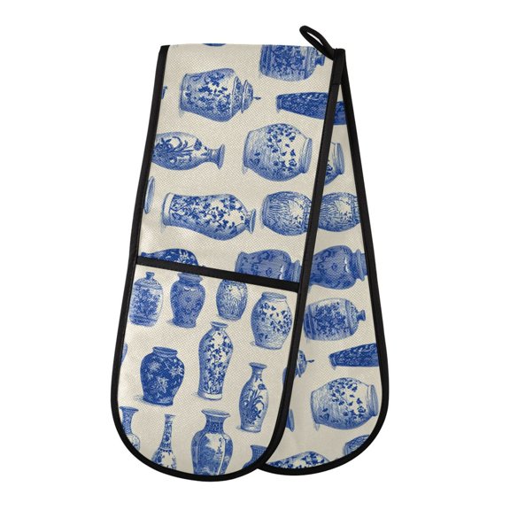 Heat-Insulating Gloves Two-Way Gloves Double Mitt Oven Mitts Suitable for Kitchen Ovens and Microwave Ovens Porcelain Pattern
