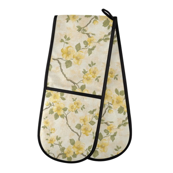Heat-Insulating Gloves Two-Way Gloves Double Mitt Oven Mitts Suitable for Kitchen Ovens and Microwave Ovens Twig Yellow Flower