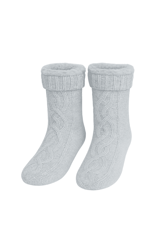 Cable Chenille Sherpa Trim Cabin Sock, Ultra Soft Winter Women Socks-Grey