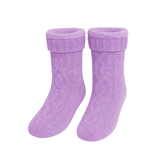 Heat Logic Cable Chenille Sherpa Trim Cabin Sock, Ultra Soft Winter Women Socks-Lilac