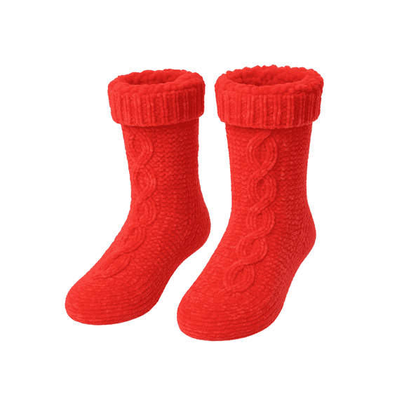 Heat Logic Cable Chenille Sherpa Trim Cabin Sock, Ultra Soft Winter Women Socks-Red