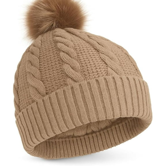 Heat Logic Cable Knit Pom Beanie with Faux Fur Lining, for Cold Weather, Keeps You Warm and Stylish All Season (Taupe)