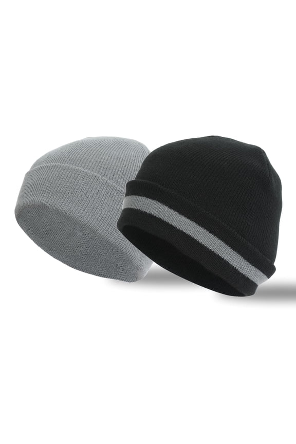 Unisex 2-Pack Stripe Cuff Beanie, Winter Knit Hat for Men and Women (BLACK WITH GREY STRIPE + SOLID GREY)