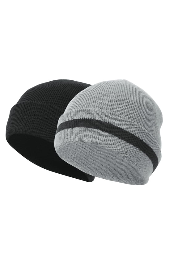Unisex 2-Pack Stripe Cuff Beanie, Winter Knit Hat for Men and Women (GREY WITH BLACK STRIPE + SOLID BLACK)