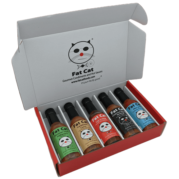 Heat Lovers Hot Sauce Gift Set and Sampler Variety Pack by Fat Cat Gourmet (5 Bottles)