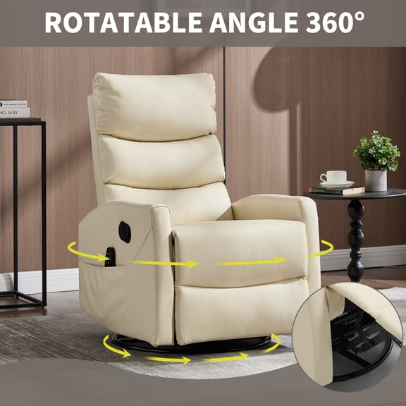 Heat Massage Manual Recliner Chair, 360 Swivel Rocking Recliner with Lumbar Heat, 8-Point Vibration, 155 Recline, Faux Leather Upholstery, Beige, for Living Room, Home Theater