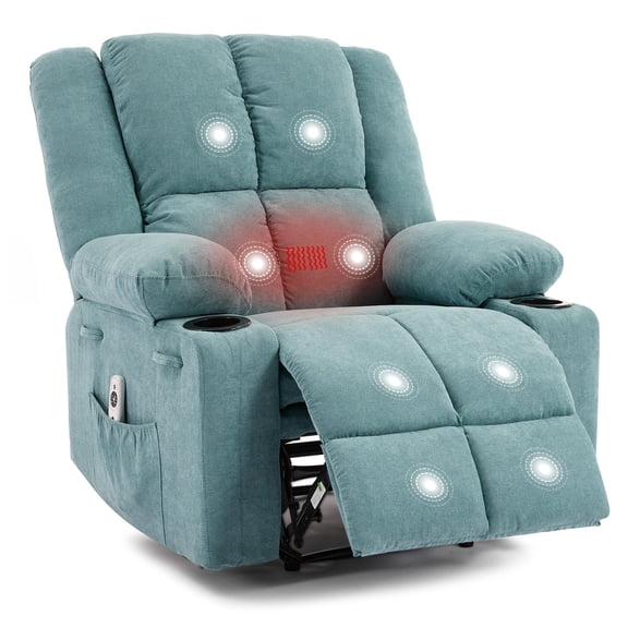 Heat & Massage Manual Recliner Chair for Adults - 155° Adjustable Single Sofa with Footrest & Pull Lever - Padded Headrest/Backrest, Breathable Linen Fabric, Side Pockets, | burlap | light blue