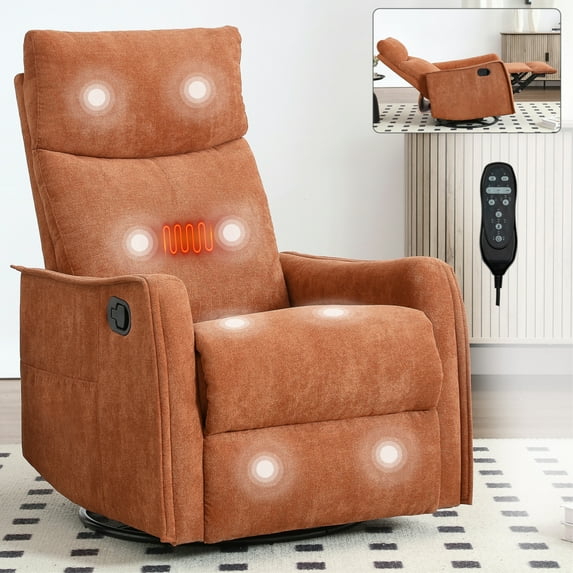 Heat Massage Manual Recliner Chair with Rocker and Swivel, Fabric Upholstery, Brown Color for Living Room