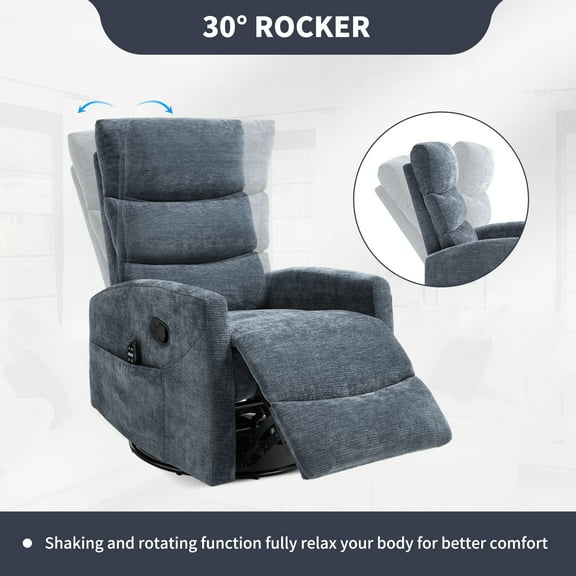 Heat Massage Recliner Chair with 360° Swivel and Rocker, Manual Reclining Chair with 8 Massage Nodes, Lumbar Heat,  Blue Chenille Fabric for Living Room