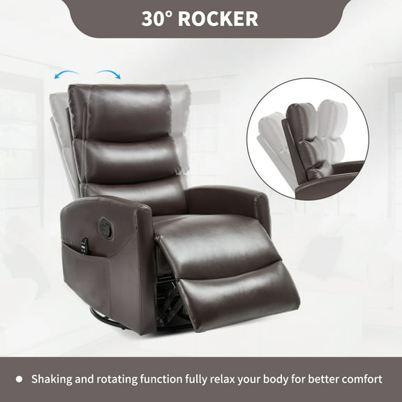 Heat Massage Recliner Chair with 360° Swivel and Rocker, Manual Reclining Chair with 8 Massage Nodes, Lumbar Heat, Brown  Faux Leather for Living Room