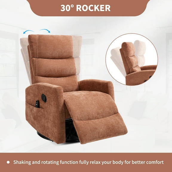 Heat Massage Recliner Chair with 360° Swivel and Rocker, Manual Reclining Chair with 8 Massage Nodes, Lumbar Heat, Orange Chenille Fabric for Living Room