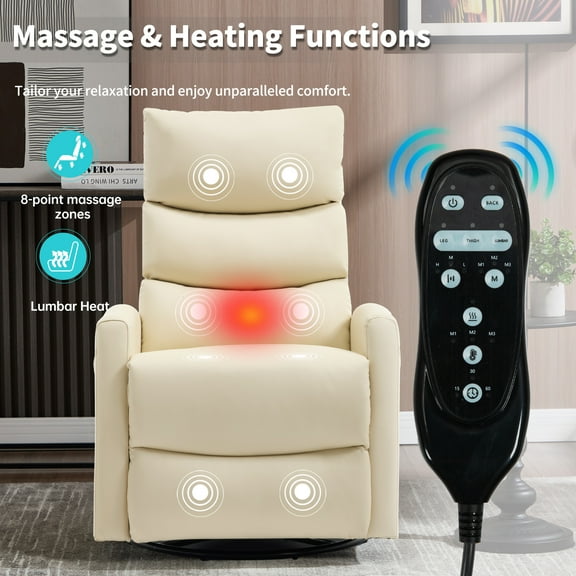 Heat Massage Recliner Chair, Manual Swivel Rocker with 8-Point Vibration & Lumbar Heat, Faux Leather Living Room Chair, Gift for Parents, Beige