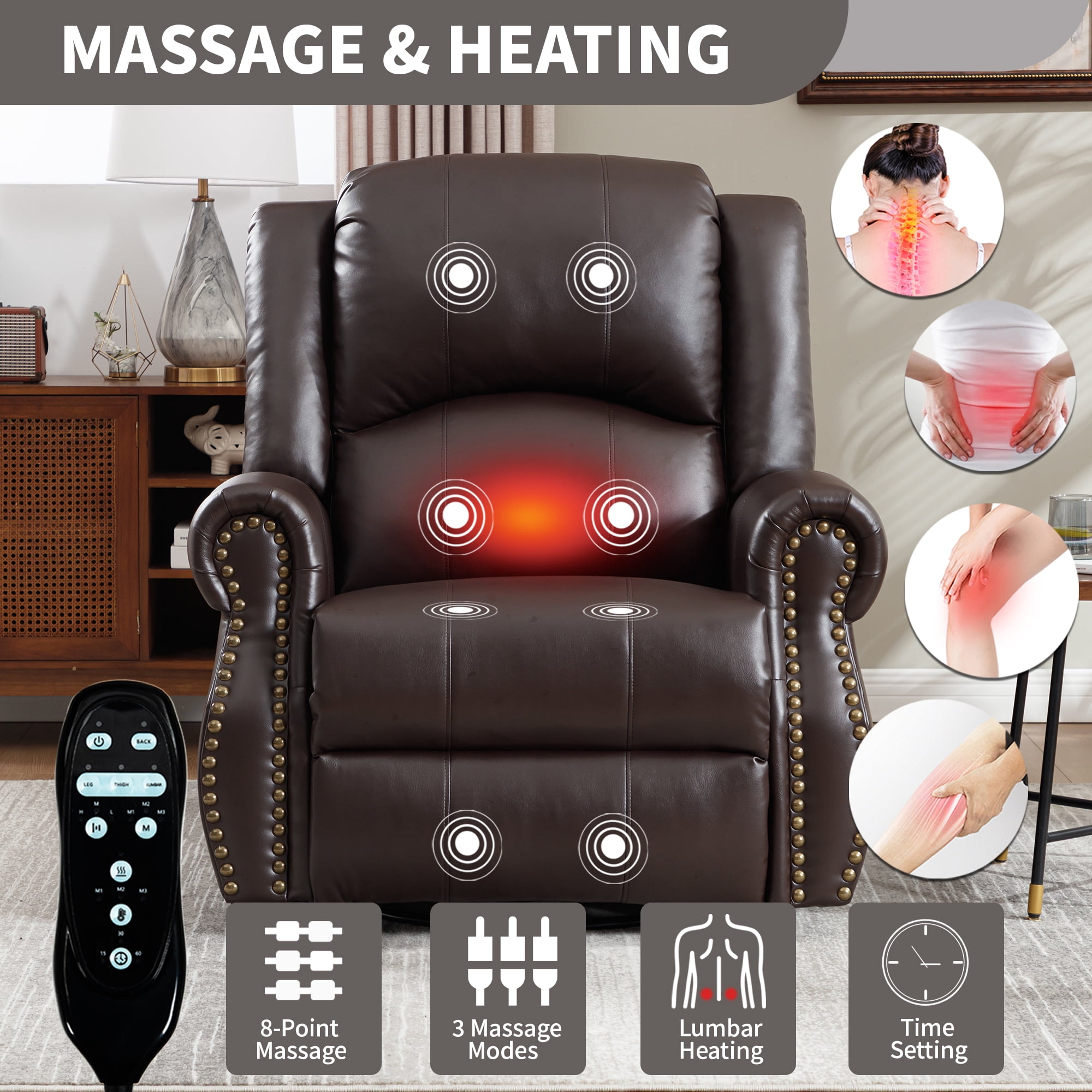 Heated Rocking Chair Heat Massage Recliner Chair, Manual Swivel Rocker with 8-Point ...